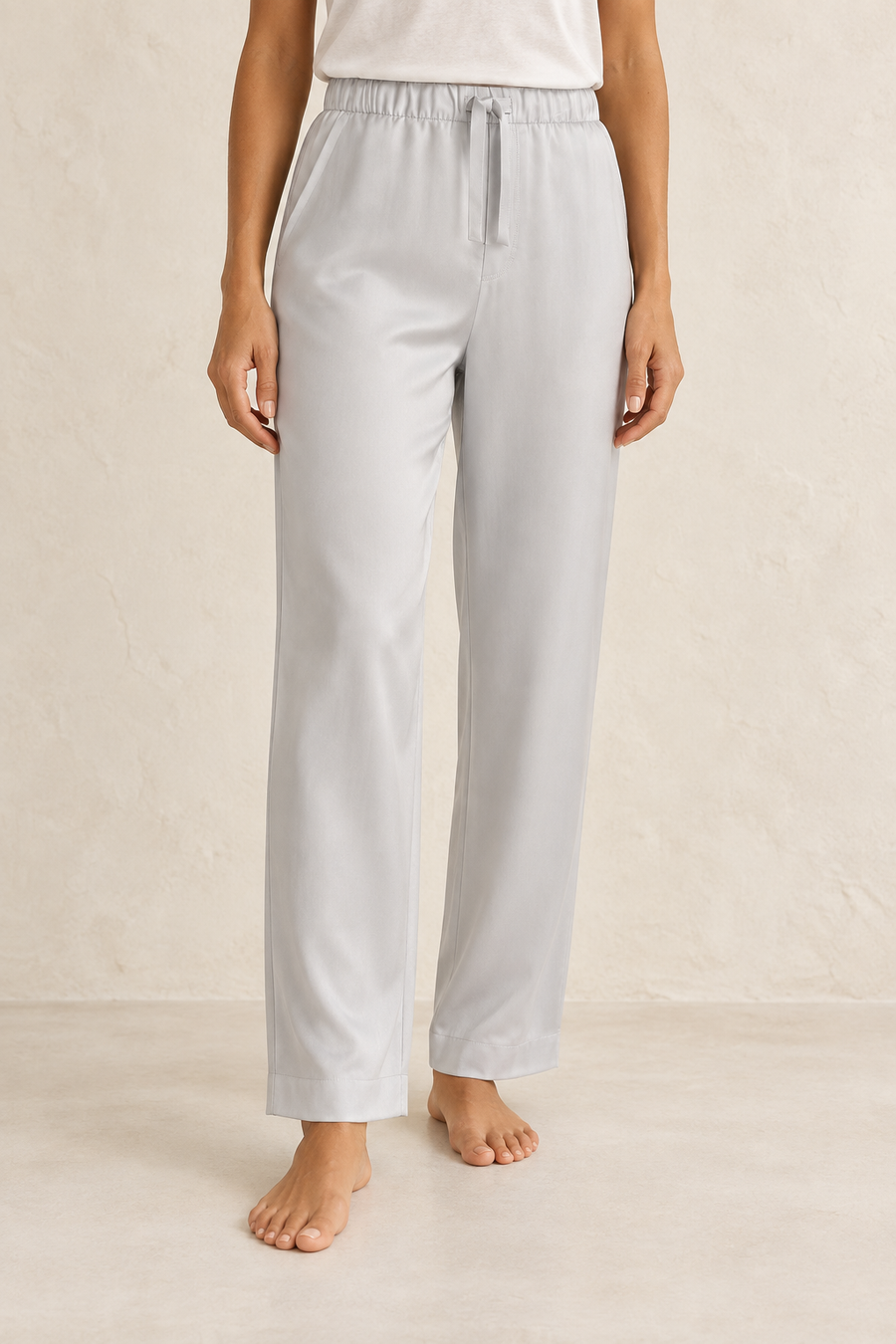 KANAN face-free editorial: Womens Pyjama Trousers (Silver) — AI-assisted styling