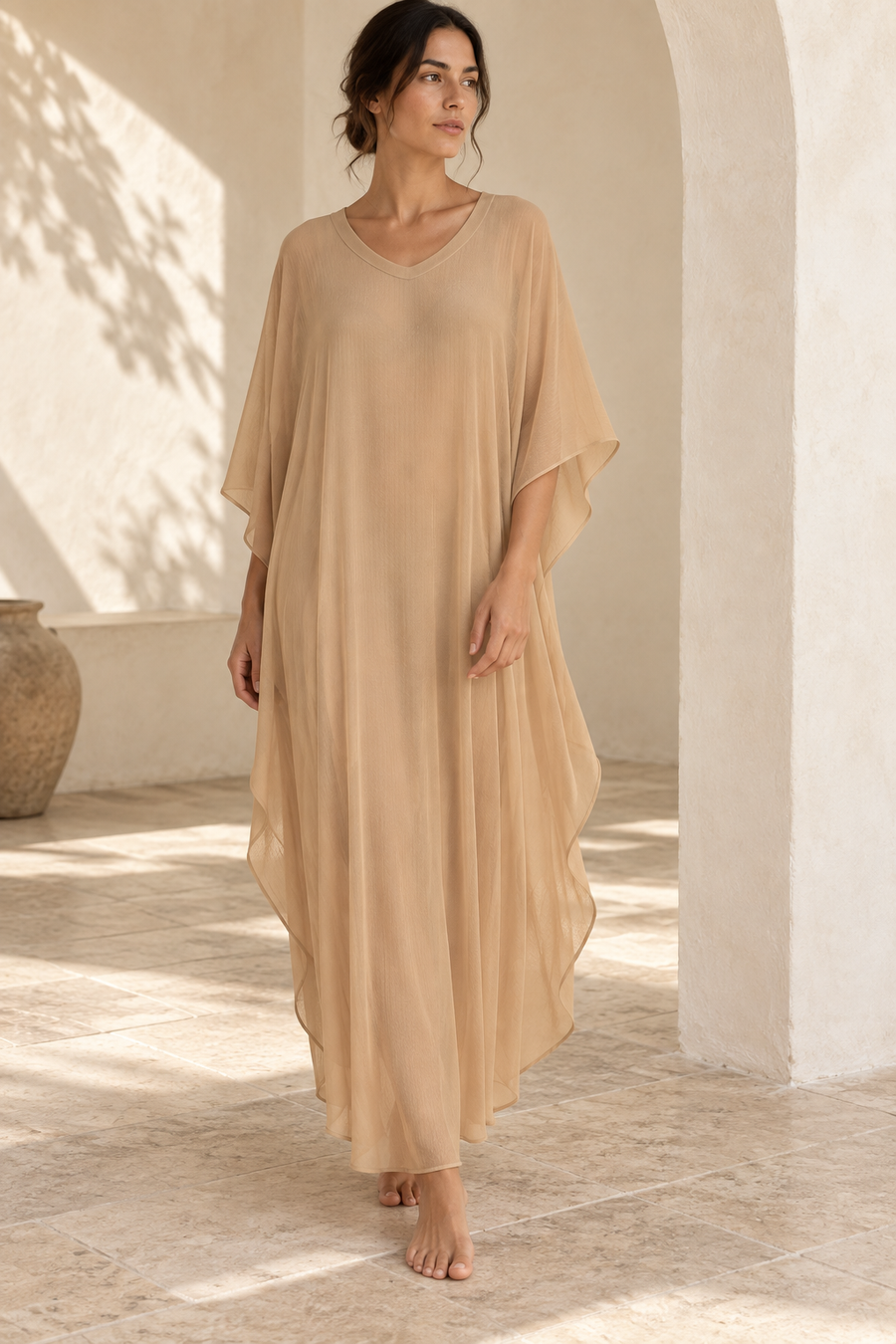 KANAN editorial — Kaftan (Light Cyan); AI-assisted styling. Original product views show construction details.