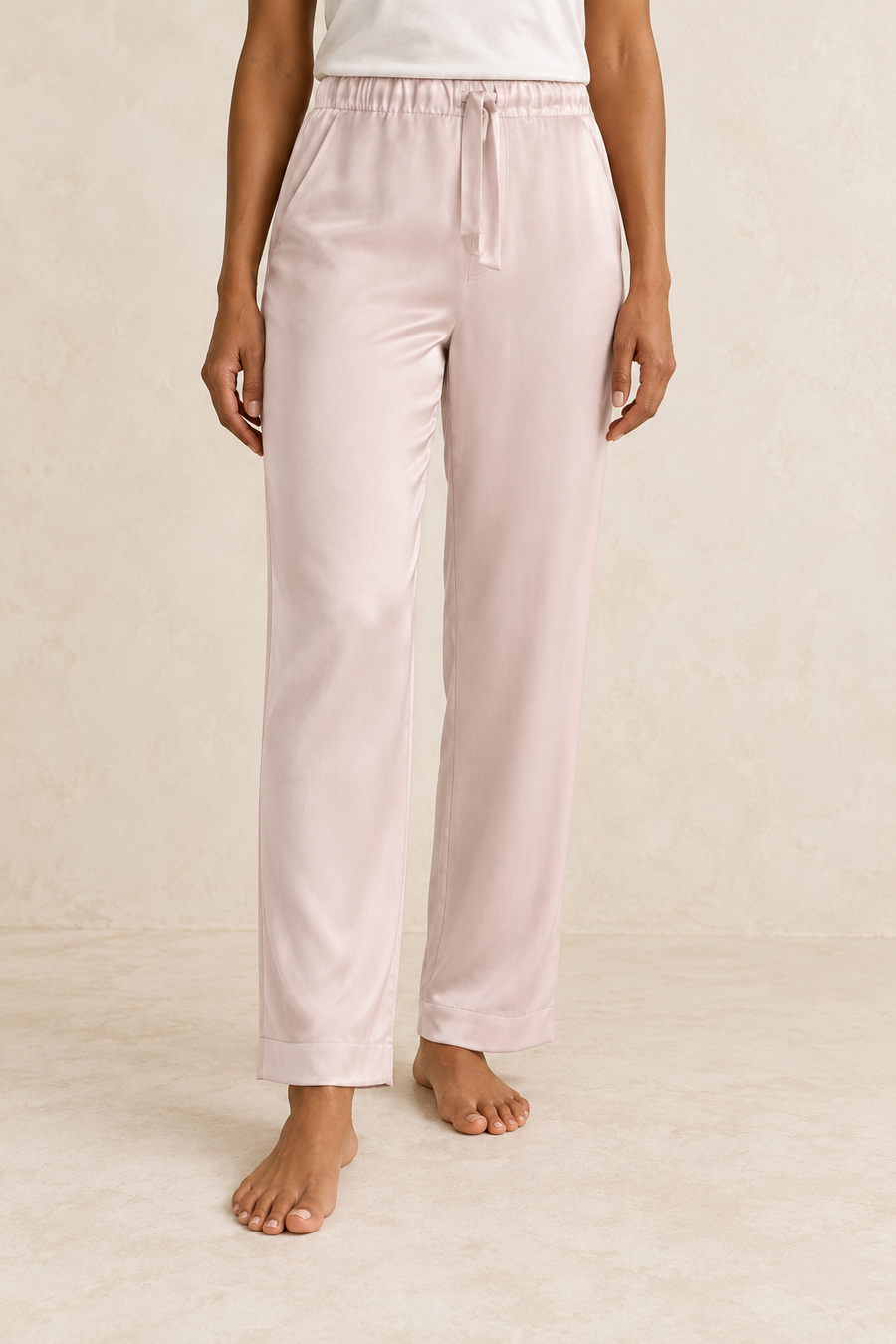 KANAN face-free editorial: Womens Pyjama Trousers (Misty Rose) — AI-assisted styling