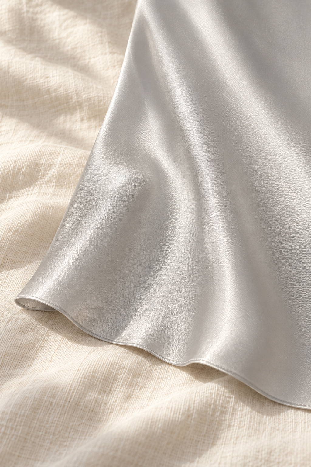 KANAN Silver Mini Slip Dress — AI-assisted silk-variant detail; original supplier views retained
