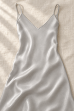 KANAN Silver Mini Slip Dress — AI-assisted silk-variant detail; original supplier views retained