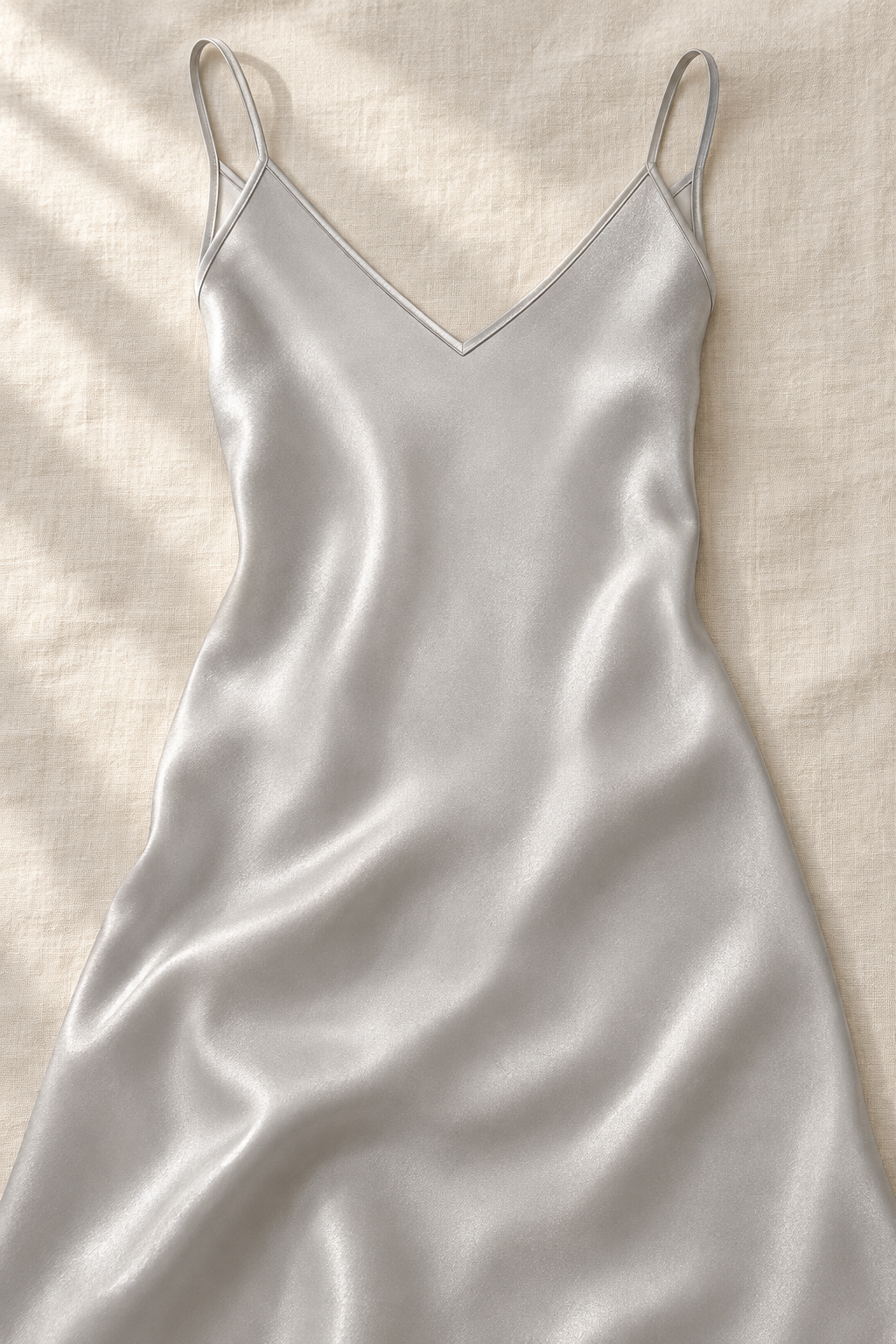 KANAN Silver Mini Slip Dress — AI-assisted silk-variant detail; original supplier views retained